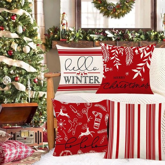 Christmas Pillow Covers Red Holiday Decor Decorative Cases Xmas Decorations 18in - Picture 6 of 6
